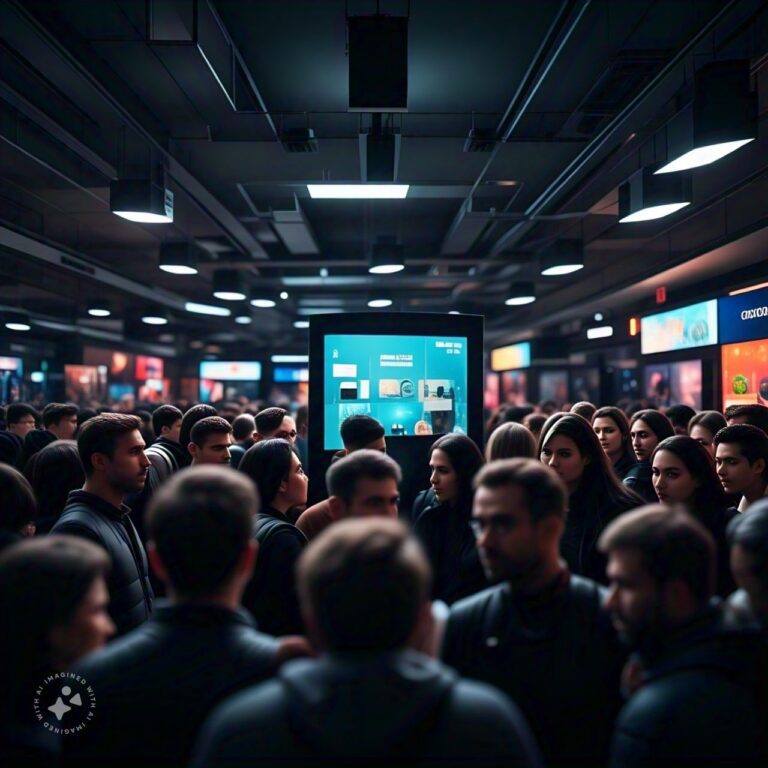 Imagem de uma multidão em um espaço de varejo iluminado, observando uma tela digital central que exibe ofertas de Black Friday com informações detalhadas.