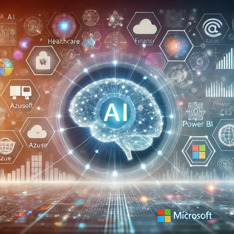 Ilustração digital de um cérebro de IA centralizado conectado a interfaces que simbolizam setores como saúde, finanças e varejo. A imagem destaca a análise de dados em tempo real e automação impulsionada por ferramentas da Microsoft, como Azure e Power BI, em um ambiente digital futurista.