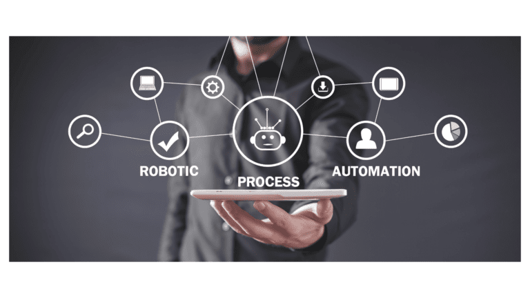 Imagem de uma mão segurando um tablet com ícones representando o conceito de automação de processos, incluindo robótica, análise de dados, e integração de sistemas, conectados ao termo 'Process Automation'.