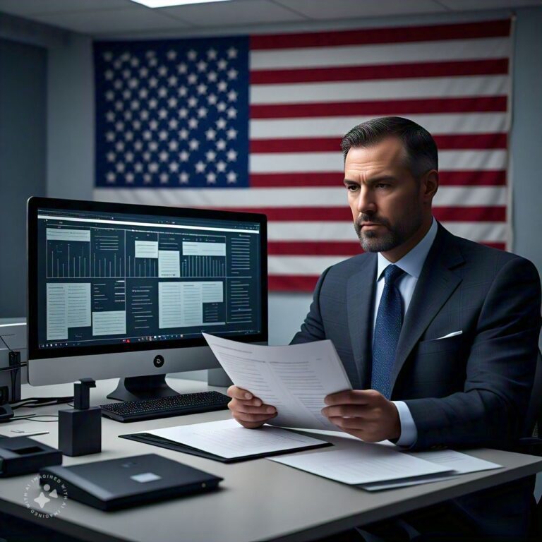 Homem analisando relatórios de cibersegurança em um escritório com bandeira dos EUA ao fundo, representando o monitoramento da cibersegurança nas eleições americanas.