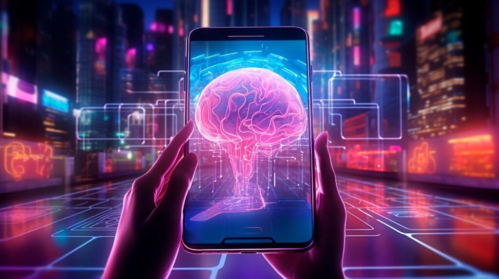 Representação visual de inteligência artificial integrada a sistemas de comunicação, exibida por meio de um smartphone em uma cidade futurista.