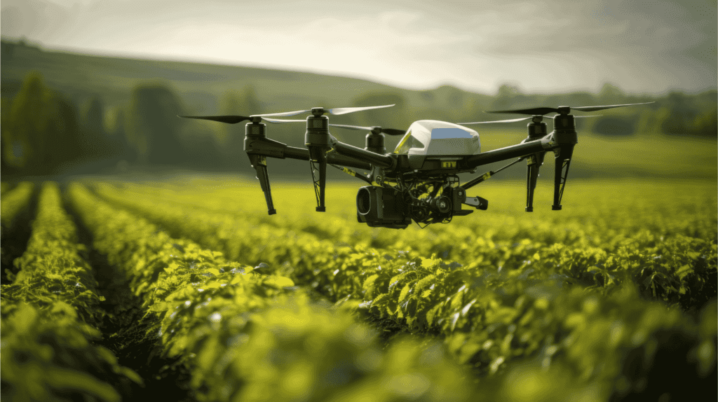 Drone realizando monitoramento em um campo agrícola verdejante, capturando dados essenciais para a prática de Agricultura Inteligente e Sustentável.