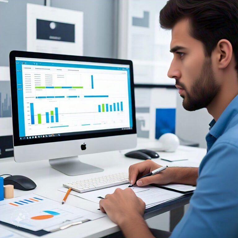 Profissional analisando dados em tempo real em um computador, com gráficos e relatórios visíveis na tela.