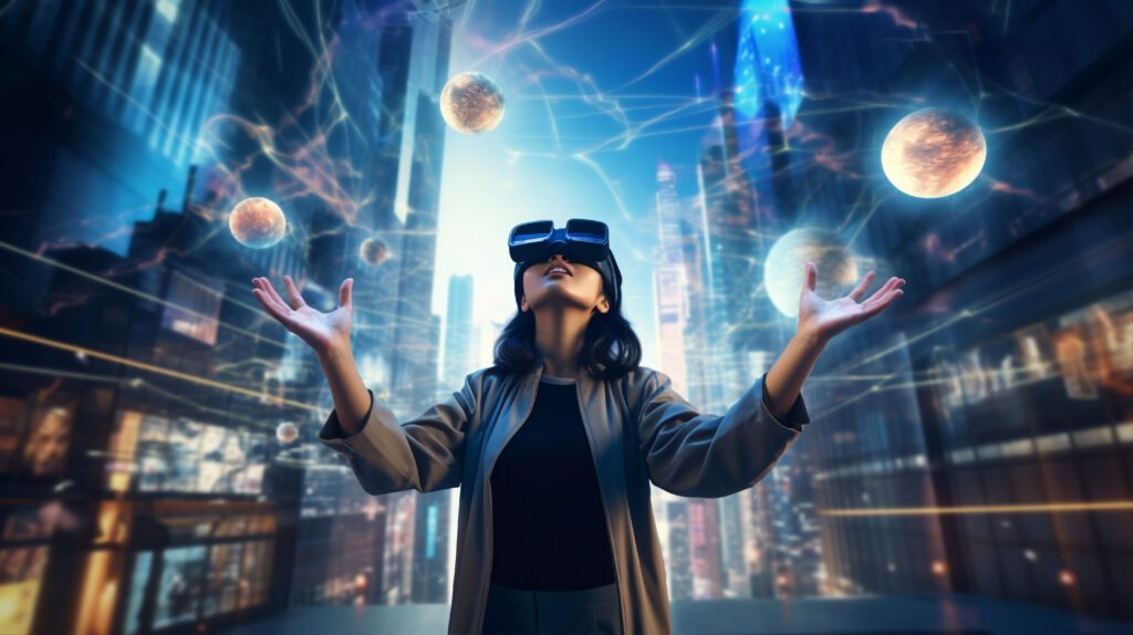Mulher usando óculos de realidade virtual em cidade futurista, representando os lançamentos de tecnologia de 2024.