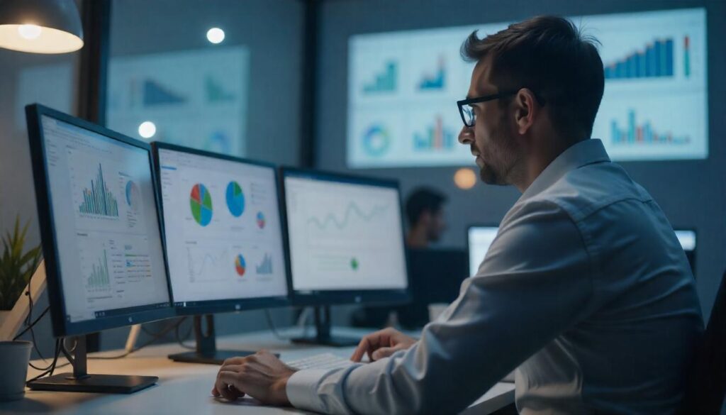 Profissional de tecnologia com foco em análise de dados em múltiplas telas de computador, representando o impacto do outsourcing de desenvolvimento de software.