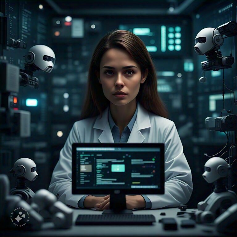 Uma cientista vestindo jaleco branco, trabalhando em um laboratório avançado, explora aplicações de inteligência artificial nos negócios, cercada por robôs humanoides e equipamentos tecnológicos.