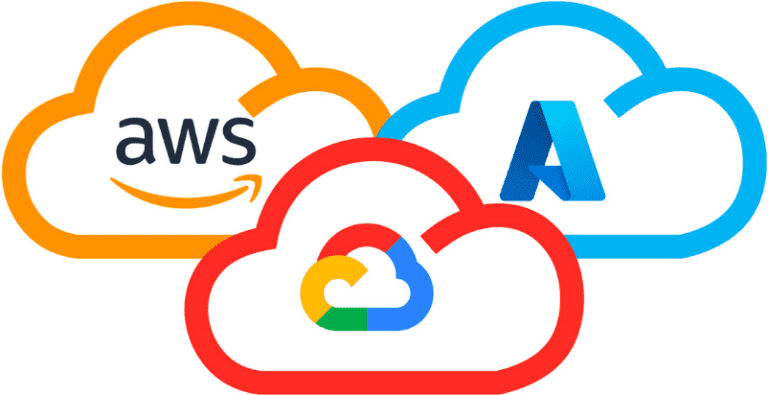 Três ícones representando as principais plataformas de serviços em nuvem: AWS, Microsoft Azure e Google Cloud, simbolizando a integração multi-cloud.