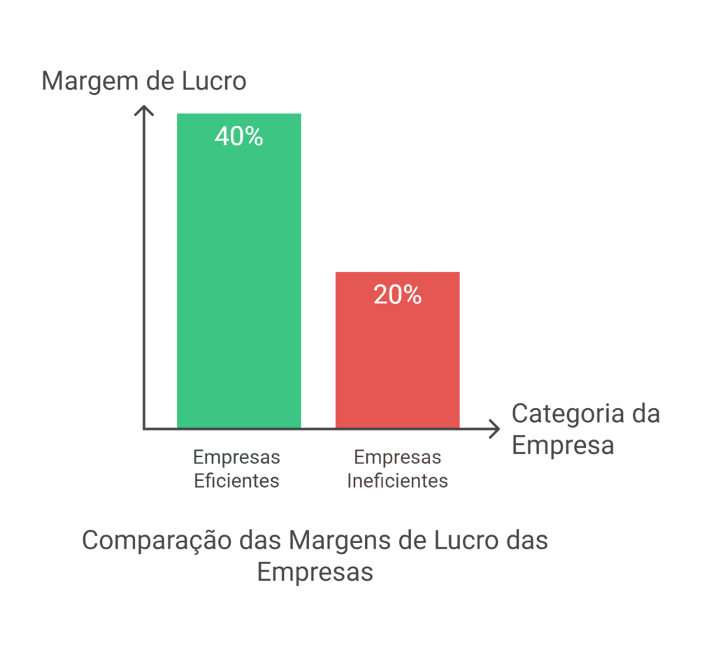 Gráfico de barras comparando a margem de lucro entre empresas eficientes e empresas ineficientes. A barra verde representa empresas eficientes, com margem de lucro de 40%, enquanto a barra vermelha representa empresas ineficientes, com margem de lucro de 20%. O gráfico destaca como a eficiência operacional impacta diretamente a lucratividade.