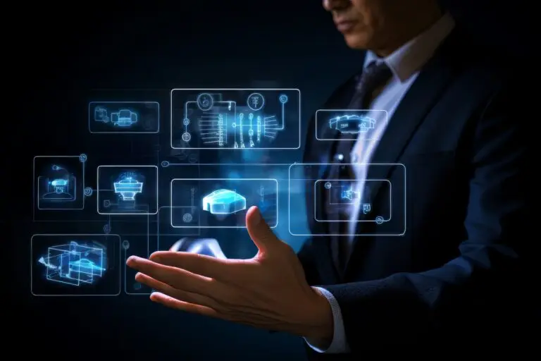 Executivo interagindo com interface holográfica de arquitetura de software inteligente, representando automação, dados e inovação digital.