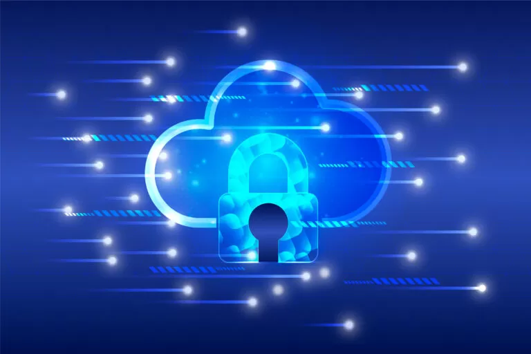 Ilustração digital de um ícone de nuvem com cadeado brilhante, representando segurança em cloud computing e proteção de dados na infraestrutura em nuvem.