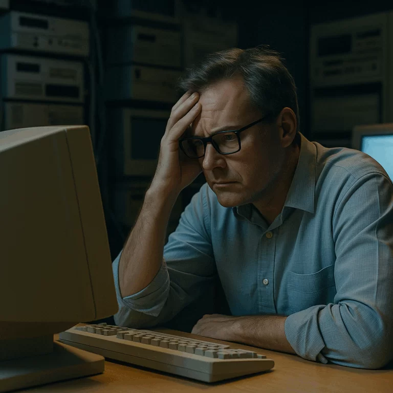 Imagem de um profissional preocupado trabalhando em um computador antigo, simbolizando o estresse e frustração enfrentados por equipes que precisam lidar com sistemas legados, que muitas vezes são difíceis de manter e atualizar.