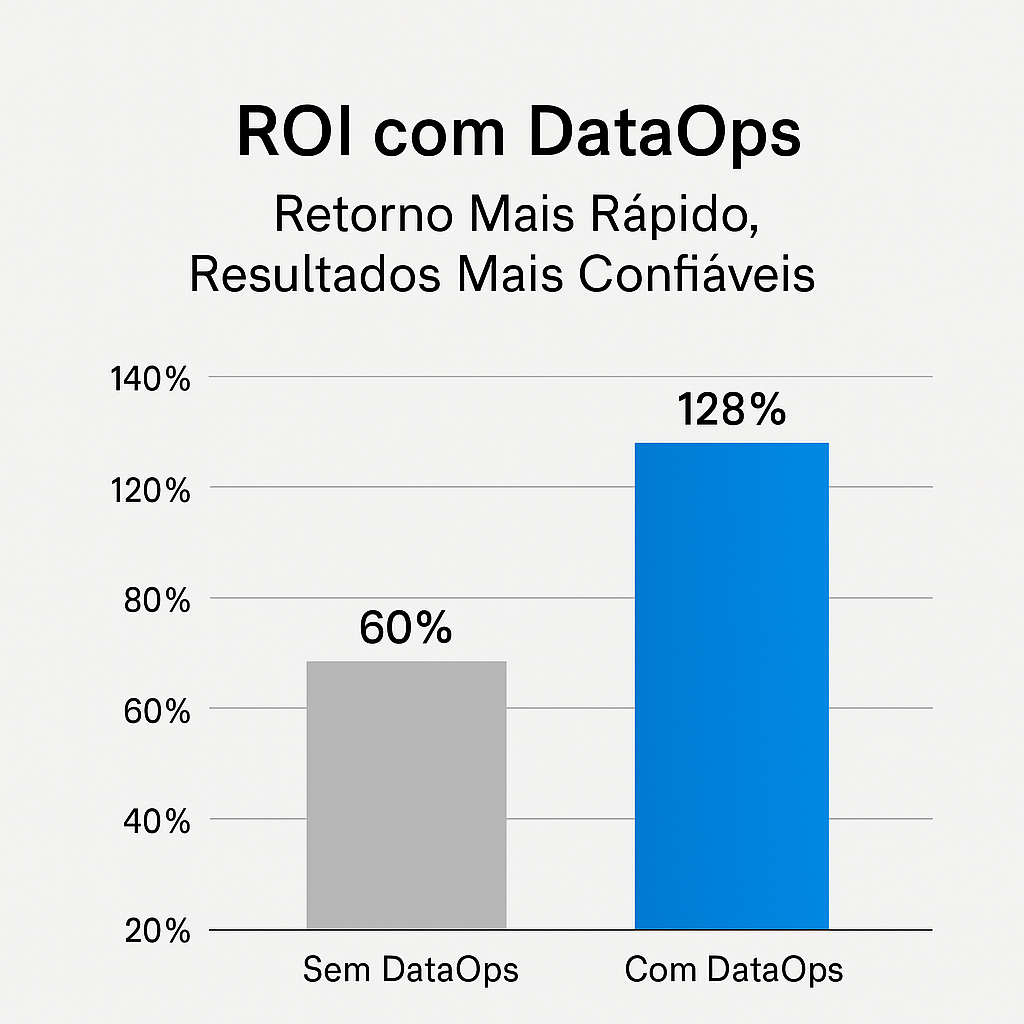 Gráfico de barras comparando o ROI de empresas com DataOps (128%) e sem DataOps (60%), destacando os benefícios da automação e governança de dados.