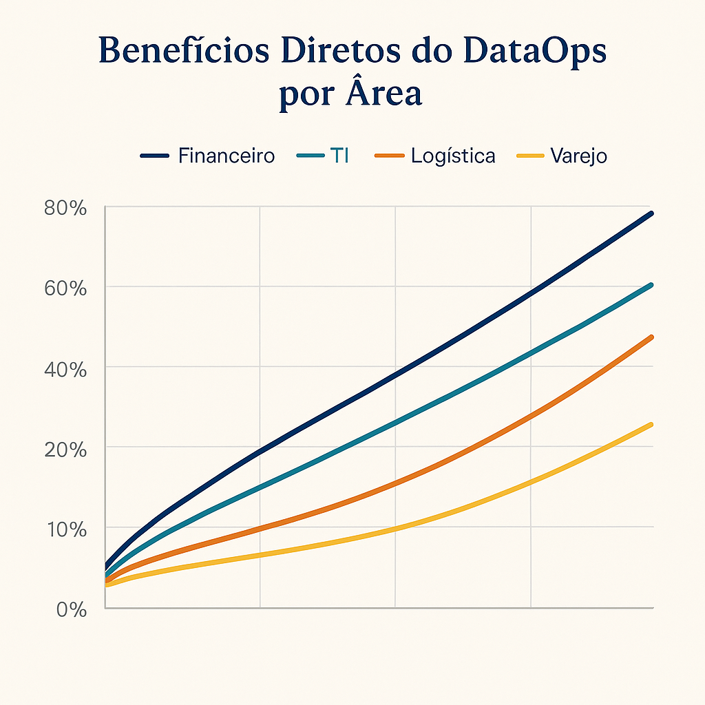 Gráfico de linhas exibe a evolução percentual dos benefícios diretos de DataOps nas áreas de Financeiro, TI, Logística e Varejo, destacando ganhos em produtividade, economia e agilidade.