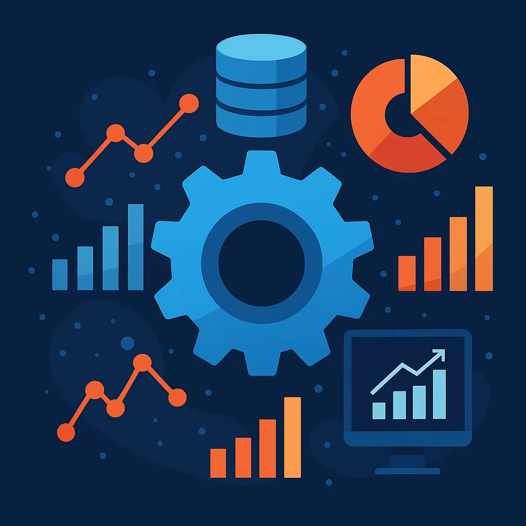 Imagem de uma engrenagem azul conectada a fluxos de dados representando o papel do DataOps na eficiência operacional e tomada de decisão em tempo real.