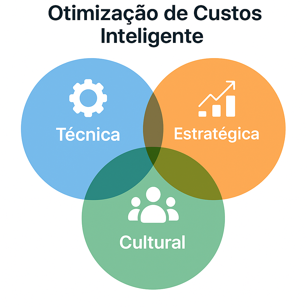 Infográfico ilustrando o modelo de otimização de custos inteligente em três pilares: técnica, estratégia e cultura. Cada frente contribui para reduzir desperdícios e escalar resultados com sustentabilidade.