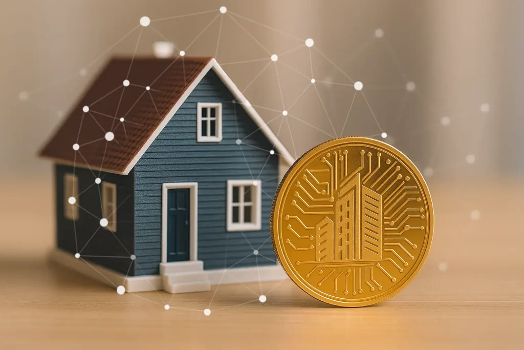 Imagem de uma casa ao lado de uma moeda digital dourada conectada por rede de blockchain, simbolizando a tokenização de imóveis no Brasil com uso de blockchain e DREX.