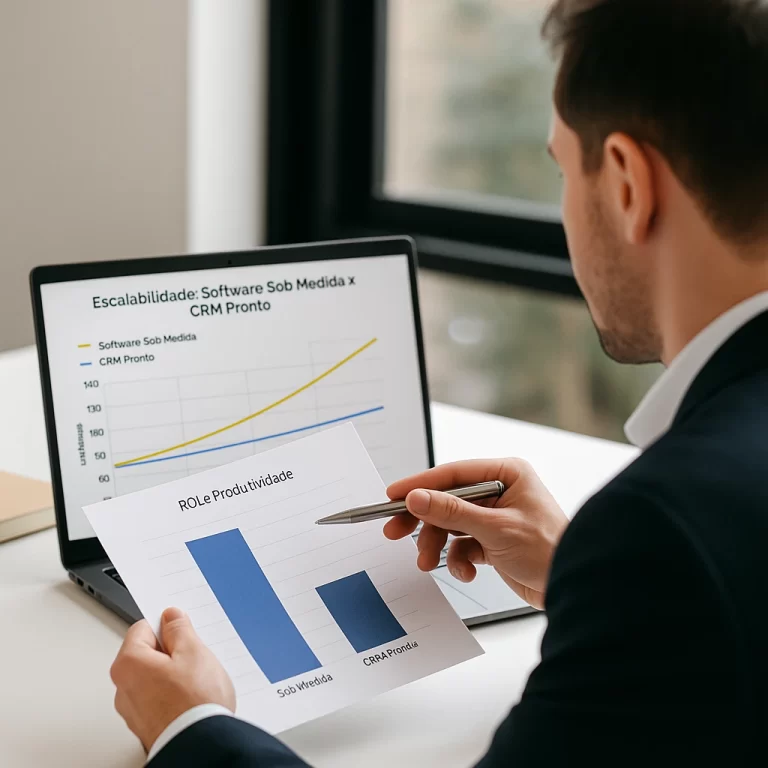Executivo em escritório moderno analisa gráficos comparativos de escalabilidade e produtividade entre CRM pronto e desenvolvimento de software sob medida.