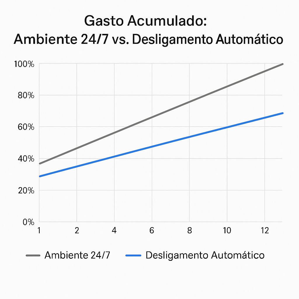 Gráfico de linha comparando o custo acumulado em cloud durante 12 meses. A linha cinza representa o ambiente 24/7, com custo crescente até 100%. A linha azul mostra o ambiente com desligamento automático, atingindo apenas 60% do custo, evidenciando economia de 40%.