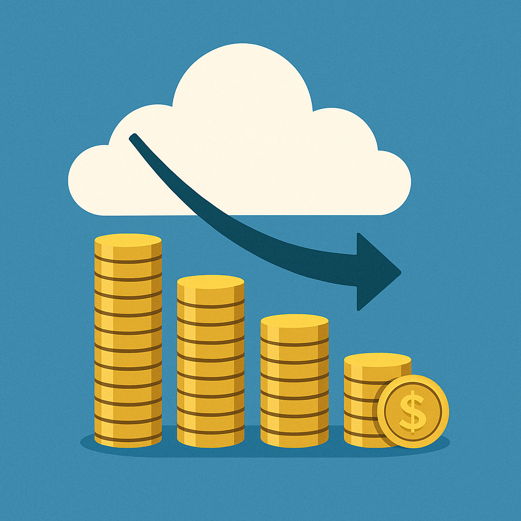 Ilustração digital em estilo corporativo mostrando uma nuvem tecnológica azul conectada a ícones de engrenagem, moeda e gráfico de crescimento. A imagem representa o conceito de cloud que reduz custos, transmitindo inovação, economia e eficiência sem conter nenhum texto escrito.