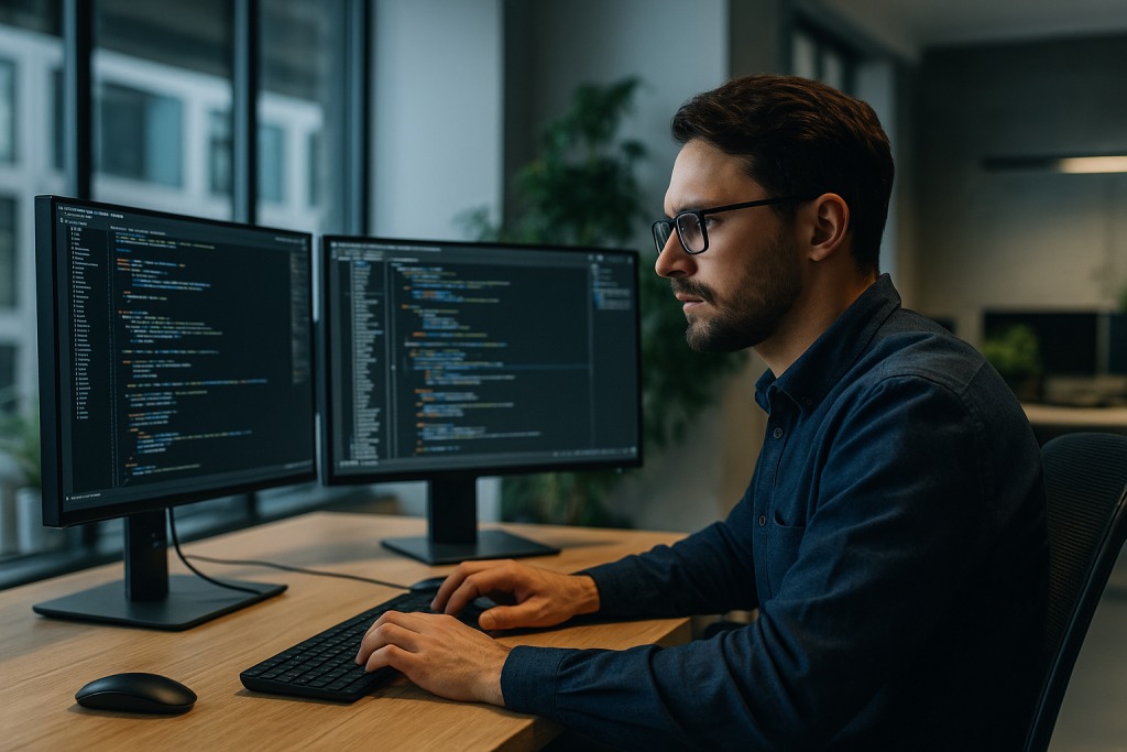 Homem programando em dois monitores dentro de um escritório moderno, representando o trabalho técnico de uma empresa de desenvolvimento de software.