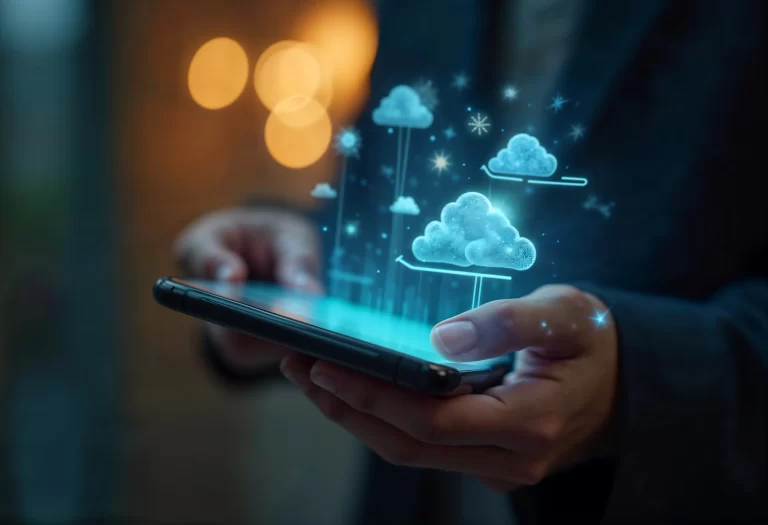 Ilustração realista de nuvem digital holográfica saindo de um smartphone, representando gestão de infraestrutura de cloud e operações avançadas em ambiente digital.